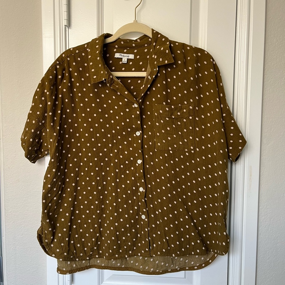 Madewell Olive Polka Dot Short Sleeve Button Down